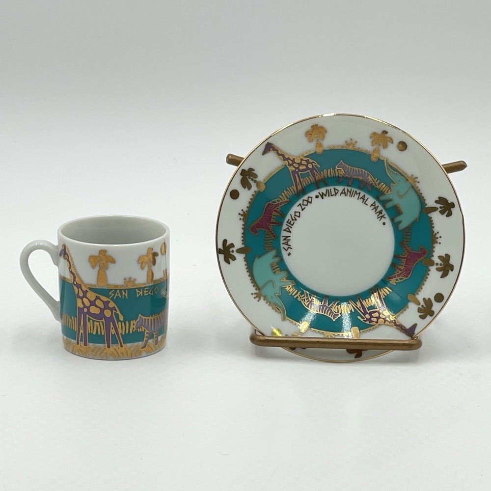 San Diego Zoo Wild Animal Park Mug Saucer Set Safari Animals Gold Trim